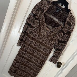 Cachet Chocolate and Cream Lace Long Sleeve Dress